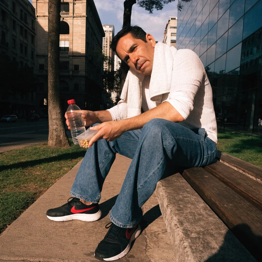 Hombre descansando en un parque de la Ciudad de México con su agua y su suplemento después de correr