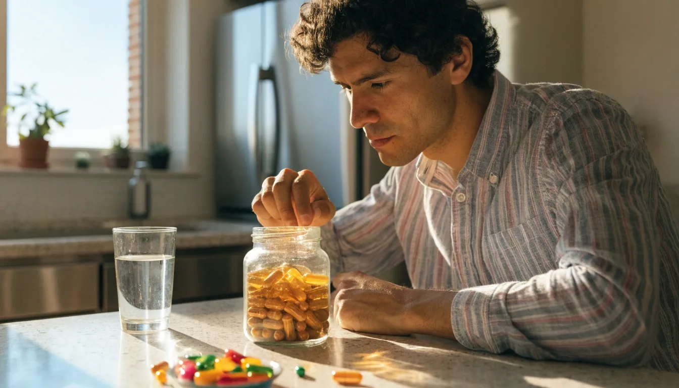 Hombre adulto preparando su suplemento diario en la cocina durante la mañana