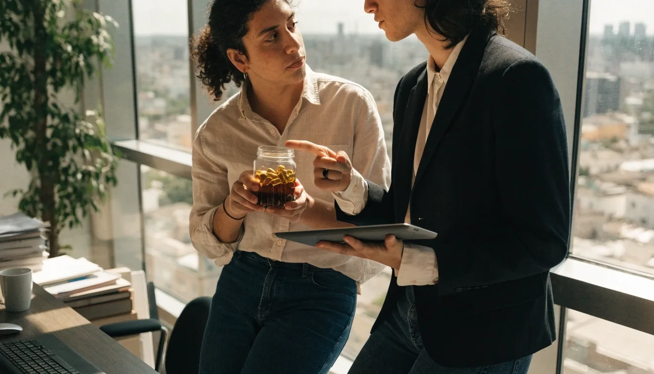 Escritorio del equipo editorial de Vital México junto a una ventana con suplementos naturales y material de trabajo