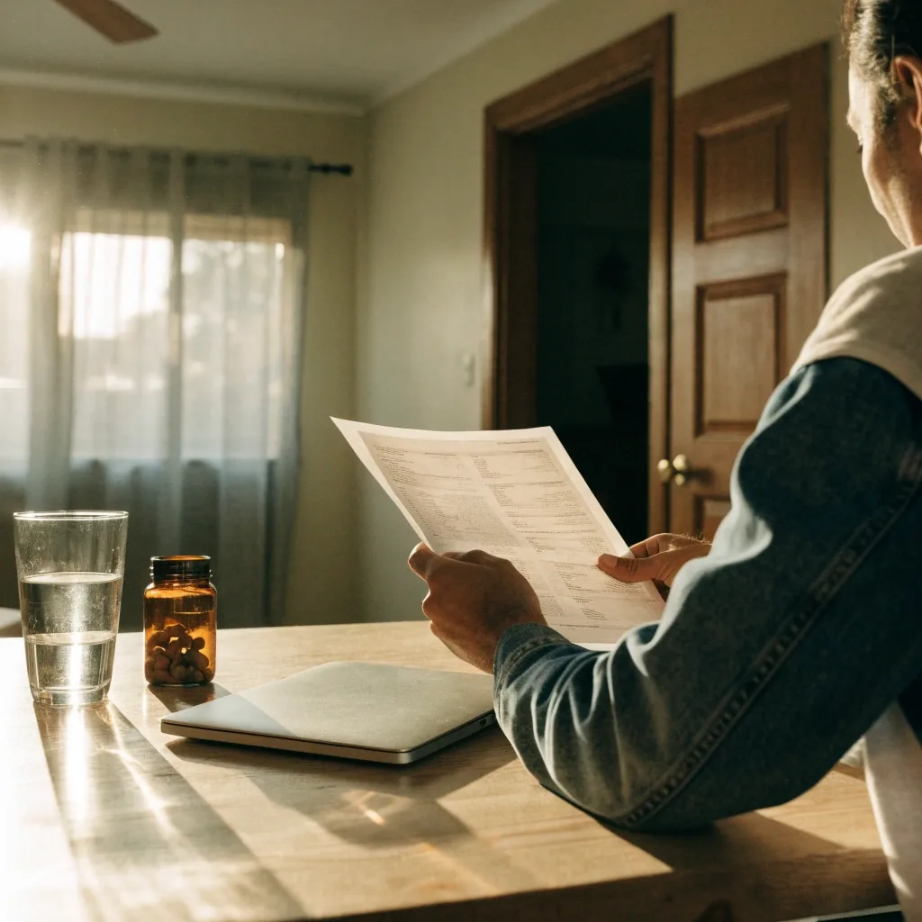 Hombre leyendo un documento legal junto a su computadora en un interior con luz natural