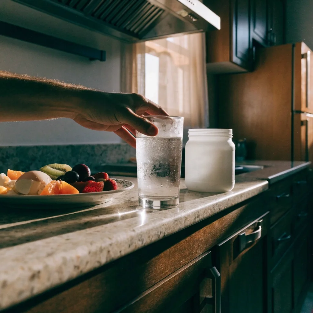 Vaso de agua y frasco de complemento sobre la barra de la cocina durante el desayuno