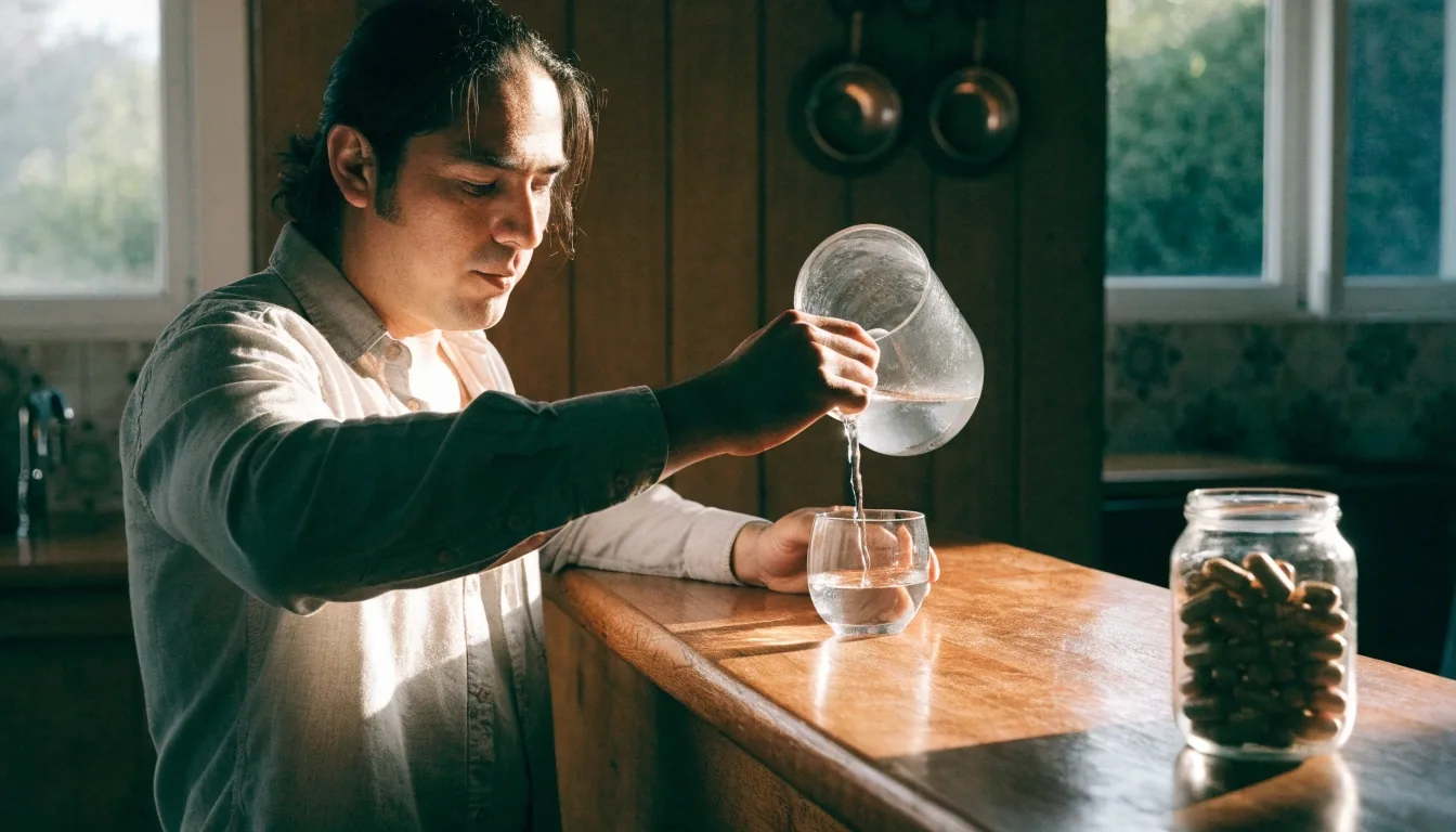 Hombre sirviendo agua en una cocina iluminada junto a un frasco de cápsulas vegetales