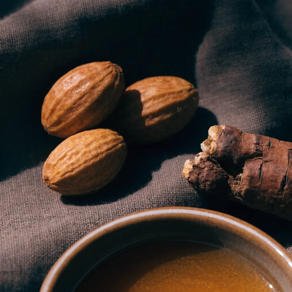 Semillas de guaraná y raíz de ginseng sobre tela oscura