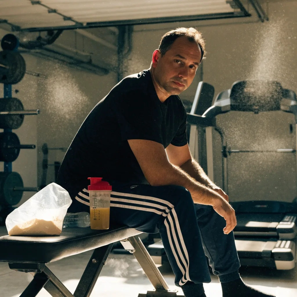 Hombre en un gimnasio de garaje junto a un bote de mezcla y una botella de batido