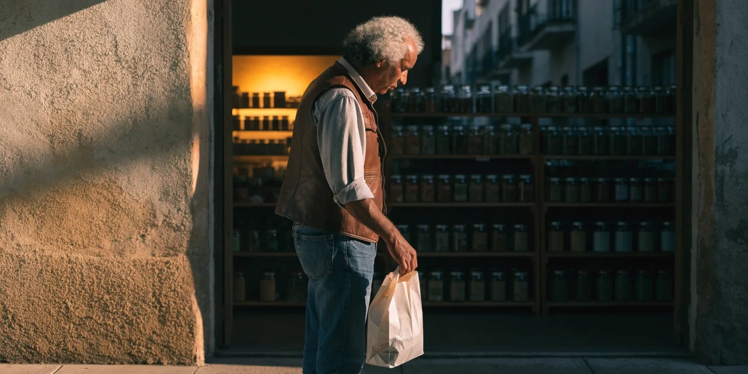 Hombre caminando con una bolsa de papel frente a una tienda naturista de barrio en la Ciudad de México