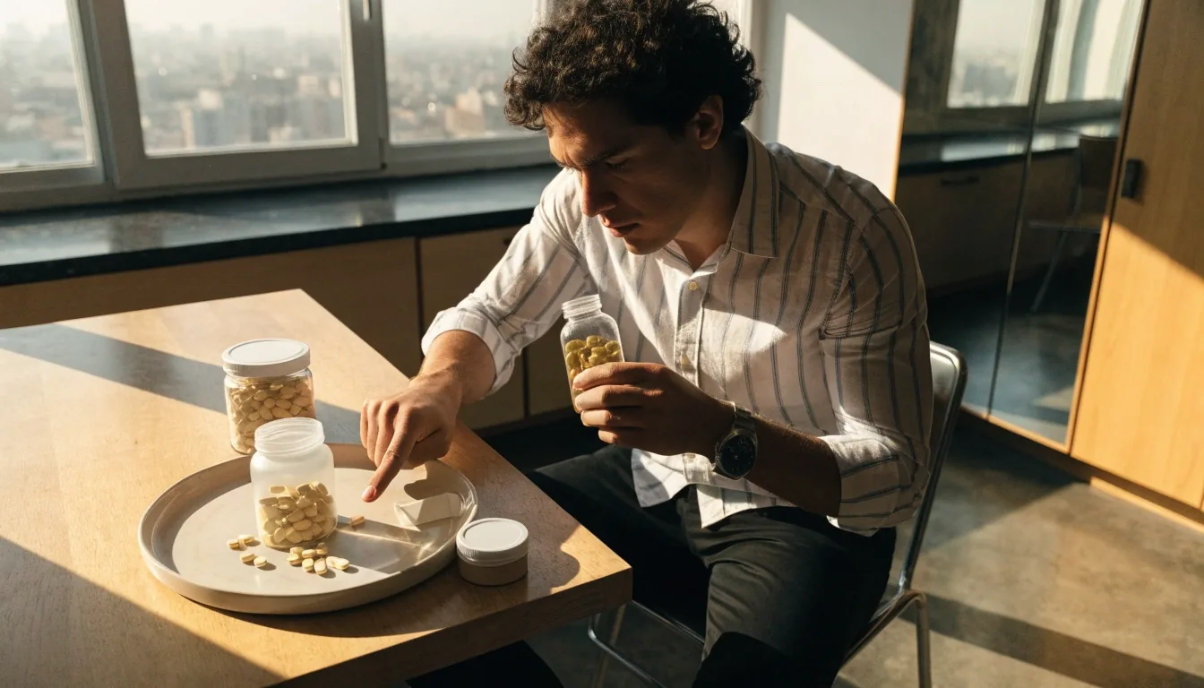Hombre sirviendo cápsulas de un frasco de vitaminas junto a un vaso de agua en una cocina iluminada por la mañana