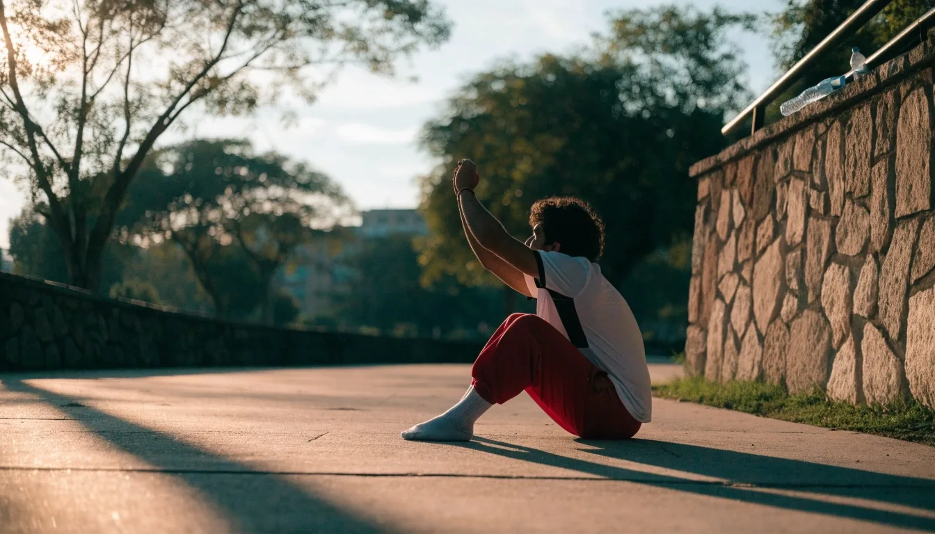 Hombre estirando al amanecer en un parque con una botella de agua sobre un muro bajo