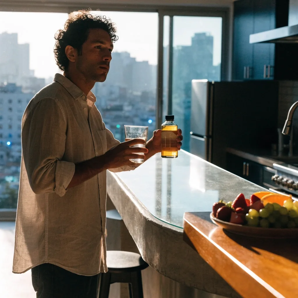 Hombre adulto en una cocina iluminada por la mañana con un vaso de agua y un frasco de complemento alimenticio sobre la barra