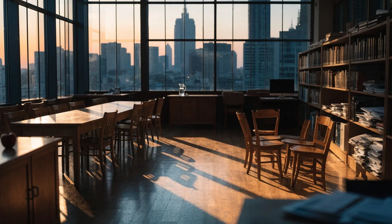 Oficina editorial tranquila con luz de tarde, escritorio de madera y una ventana alta