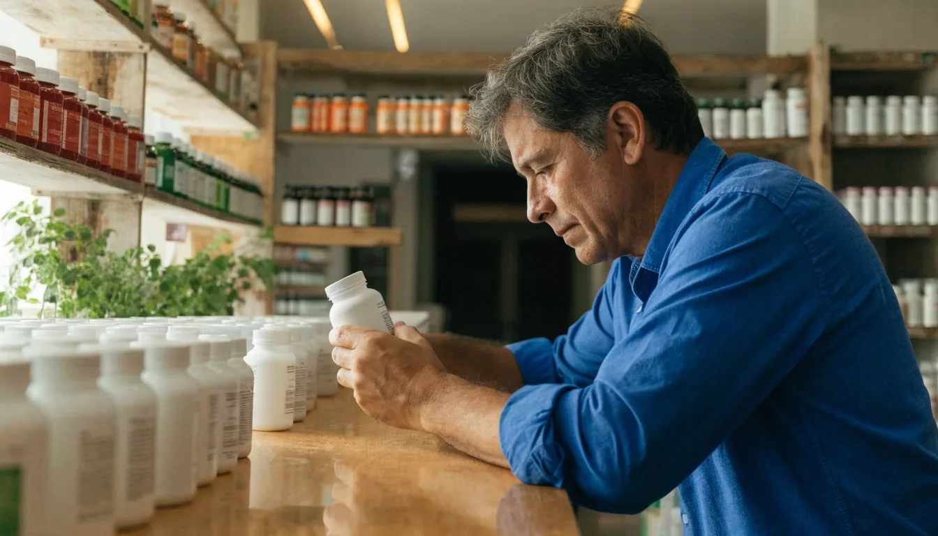 Pasillo de vitaminas y suplementos en una tienda mexicana, con un hombre revisando un frasco en la estantería