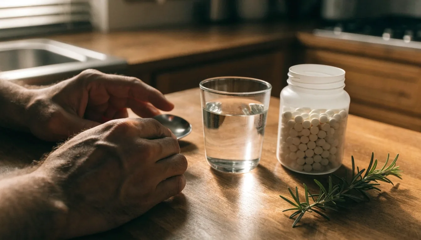Rincón de cocina al amanecer con un frasco ámbar de suplemento, un vaso de agua y una toalla de lino sobre madera