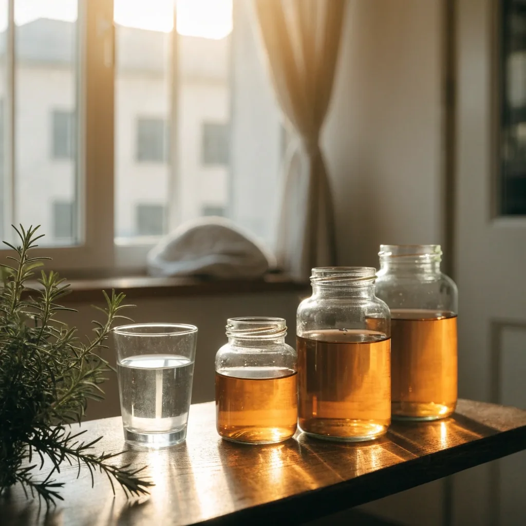 Frascos sin etiqueta de suplementos sobre una mesa de madera oscura con luz cálida de ventana